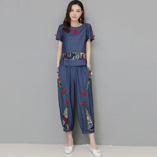 Chinese New Fashion Style Summer Women Vintage Cotton Two Pieces Sets Ladies O-Neck Loose Tops And Elastic Harem Pants 12403