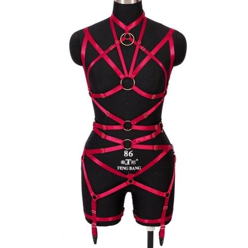 Red Garter Belt Set Full Body Strappy Harness Bondage Belt Belly Sexy Pastel Goth Punk Women Pius Size Elastic Tops Lingerie