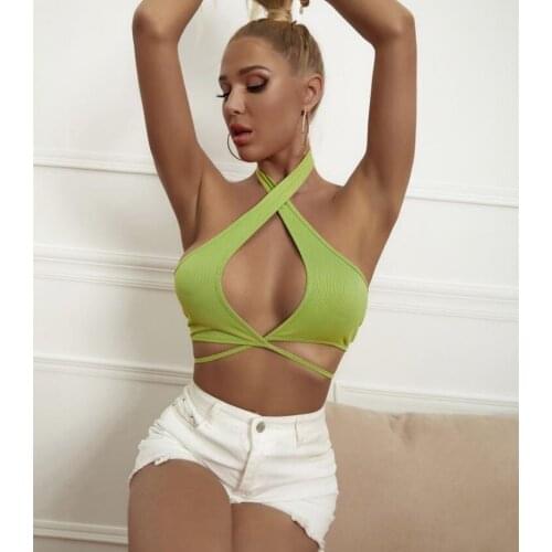 2021 New Fashion Women Summer Crop Tops Solid Color Hollow Cross Halter Neck Tanks Sleeveless Backless Tied Tank Tops Sexy Camis