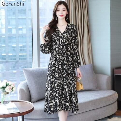 2021 New Women Autumn Office Lady Wear Floral V-Neck Chiffon Long Sleeve Dress Fashion Casual Elegant Midi Dresses Girls