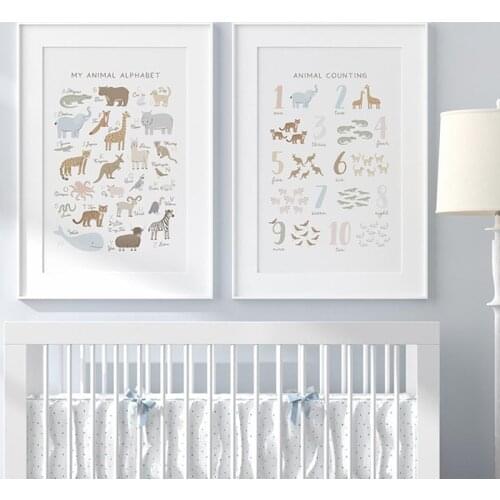 Animal Alphabet and Numbers Canvas Prints Childrens Room Decoration Wall Art ABC Poster Educational Art Kids Room Decor Posters