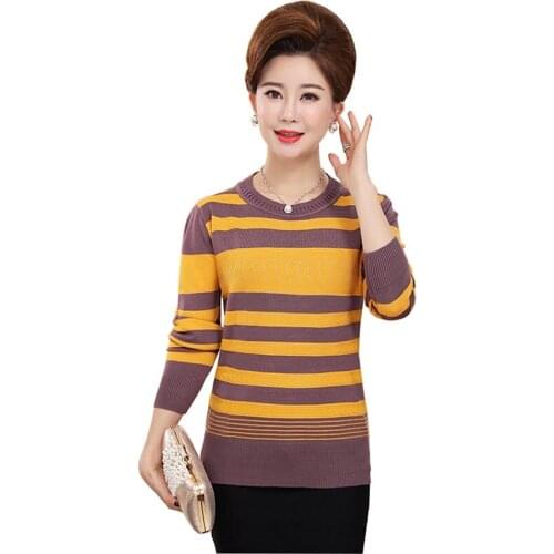2020 Fashion Striped Knitted Sweater Middle aged Female Plus size O-collar Pullover Undershirt Sweaters Women Loose Tops 3328