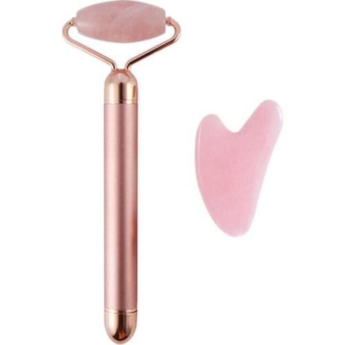 2In1 Rose Quartz Electric Facial Roller+Gua Sha Face Massager Roller Eye Massager Beauty Products for Women