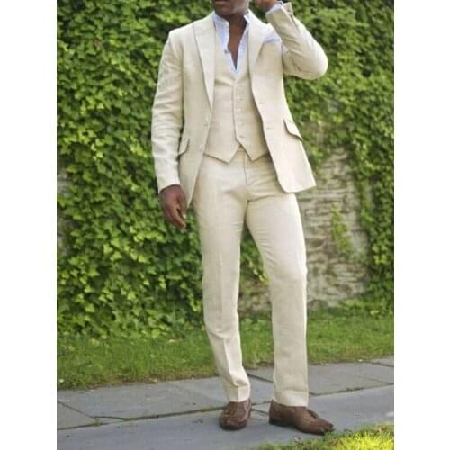 ANNIEBRITNEY Latest Coat Pant Design Beige Linen Men Suit Casual Groomsman Wedding Tuxedo Custom Slim Fit Skinny Mens Suits Set