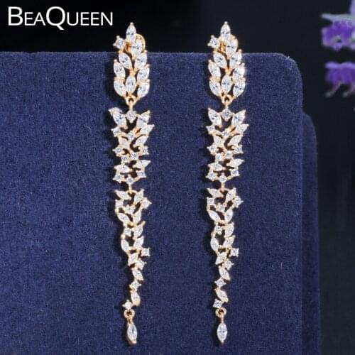 BeaQueen Fashion Yellow Gold Color CZ Leaf Wedding Jewelry AAA Cubic Zirconia Long Drop Bridal Earrings for Elegant Women E300