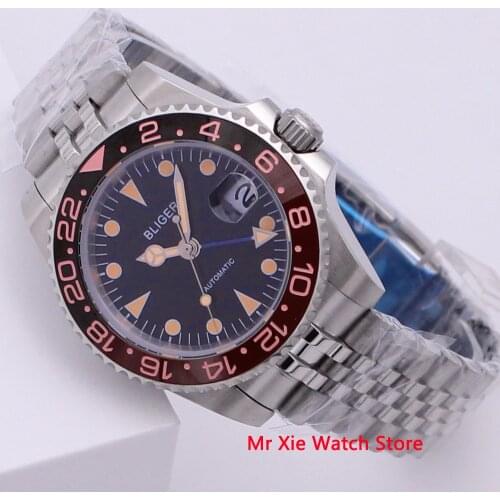 Bliger 40mm Automatic Mechanical Men Watch Luxury Sapphire Crystal Vintage GMT Watch Luminous Waterproof Calendar Wristwatch Men