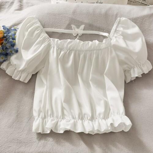 Abrini Butterfly Blouse Short Sleeve Chiffon Blouse Off Shoulder Crop Tops Slim Elastic Cute Sweet Solid Folds Blouses Summer