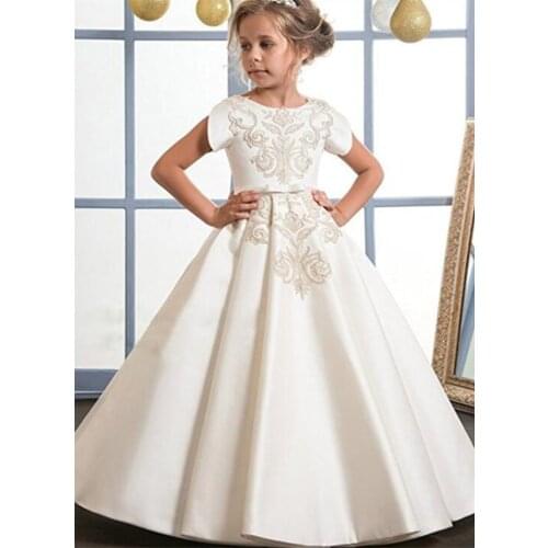 Gy Long Satin Gold Lace Flower Girls Dresses For Wedding Pleat Girls First Communion Dresses Special Occasion Dresses