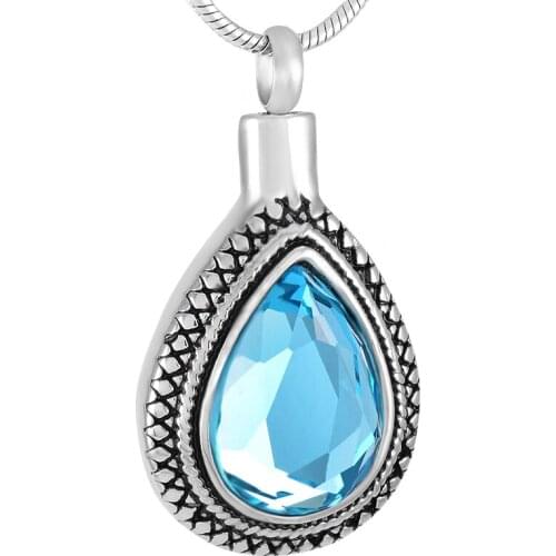 IJD9314 Blue Crystal Inlay Stainless Steel Water drop Cremation Pendant Necklace Hold Ashes Keepsake Memorial Urn Jewelry Women