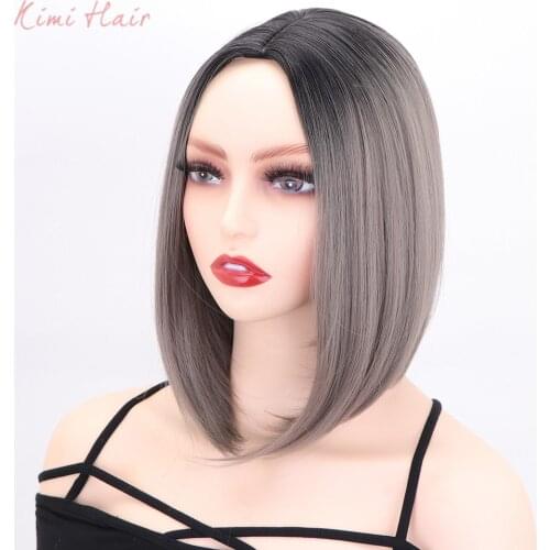 Kimi Hair Short Straight Bob Hair Wigs Ombre Two Tone Pink Brown Synthetic Wig for Women