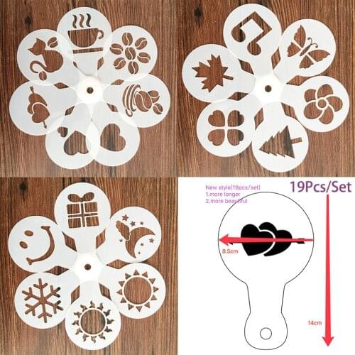 Coffee Stencils Fancy Coffee Printing Model Foam Spray Cake Stencils Coffee Drawing Cappuccino Mold Powdered Sieve Tools 19Pcs