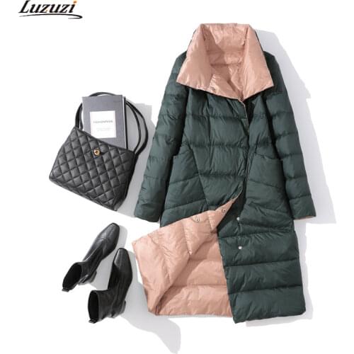 Luzuzi Women Double Sided Down Jacket Winter Turtleneck White Duck Down Coat Double Breasted Warm Padded Parkas Snow Long coat
