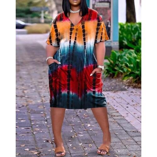 Summer Women Plus Size Tie Dye Mid Dress Female V-Neck Loose Light Pocket Design Robe African Dress Casual Sukienka 2021 New
