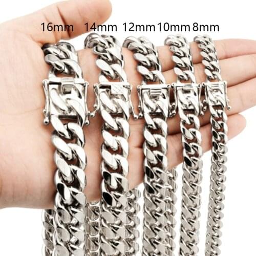 Fashion 8/10/12/14/16/18mm Stainless Steel Polished Silver Color Miami Cuban Curb Chain Mens Unisexs Necklace Or Bracelet Choose