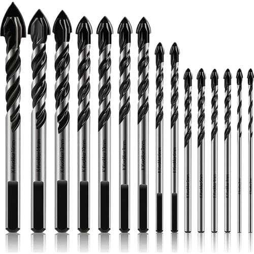 15Pcs Masonry Drill Bit Set 3-16mm Paddle Tip Triangle Core Hole Drill Bit for Glass Ceramic Marble Plastic Brick Tile Wood