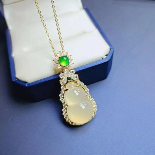 Natural ice white chalcedony gourd lucky inlaid silver pendant necklace