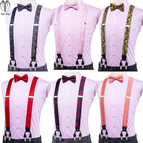 Brand New Silk Mens suspender Bow Tie Pocket Square Cufllilnks Set 6 Clips Men Braces Belt Gold Purple Red Blue High Quality