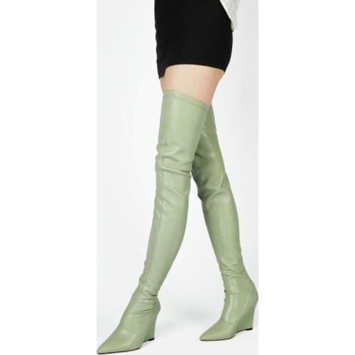 New Female Thigh Boots Spring Autumn Slip On Slim Fashion Boots Lady Winter Slope Heel Pointed Elastic Comfortable Womens Shoes