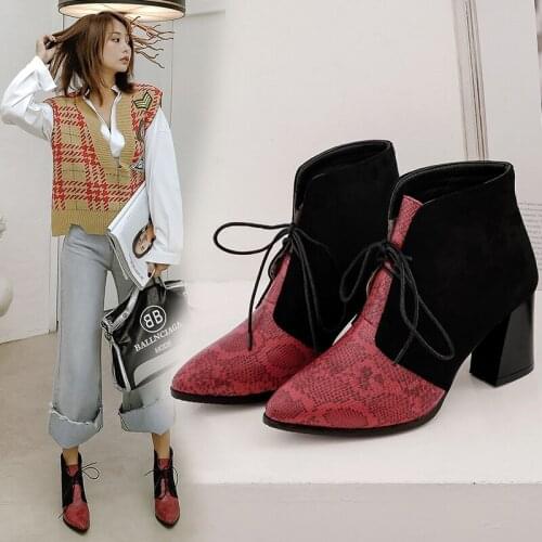 2020 Autumn Women Boots Faux Leather Super High Heel Ankle Boots Fashion Square Toe Zipper Winter Boots Black