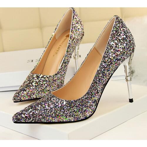 European and American Fashion Sexy Nightclub Womens Shoes Metal Heel Thin Heeled High Heel Shallow Mouth Pointed Sequined Shoes