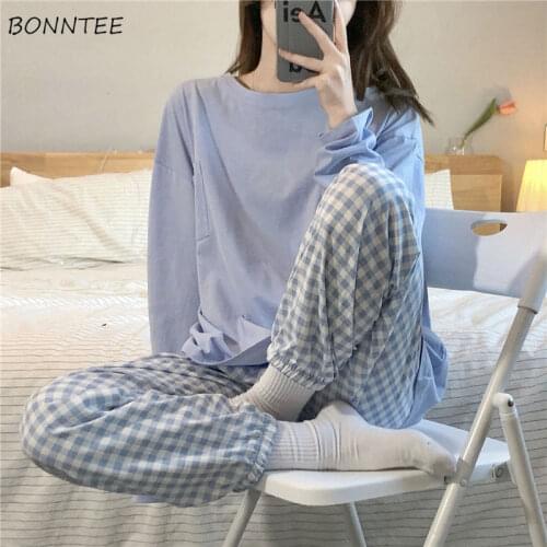 Pajama Sets Women Outfits 2 Pieces Set Pyjamas Female Lovely Nightwear Sweet Full Length Plaid Trousers Spring Comfortable Chic