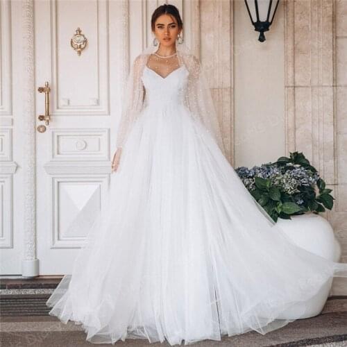 Princess Jewel NeckLong Sleeves Wedding Dresses Pearls Puffy Bridal Gowns Sweep Train Robe de Mariee 2020 Beach Bride Dress