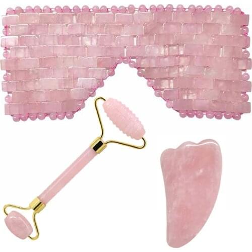 Rose Quartz Jade Eye Mask Face Massage Roller Guasha Board Scraper Set Natural Stone Cold Therapy Eye Mask Facial Massage Tools
