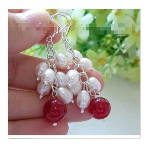 Brinco brincos Wholesale Earrings Gift New Beauty natural Ladys wonderful white freshwater pearls red gem earrings 925s B405