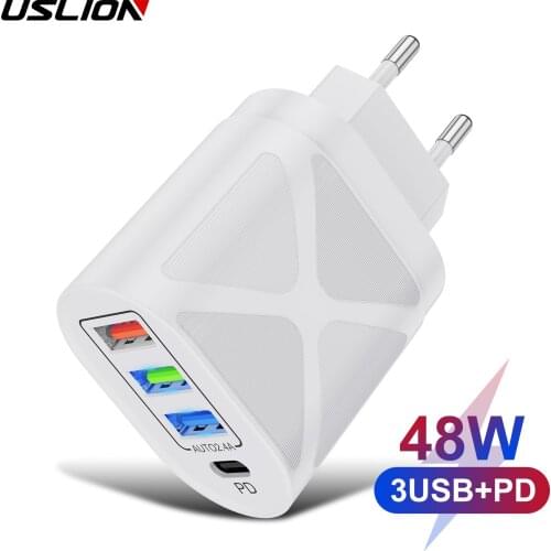 USLION 4-Port 48W Quick Charge QC3.0 2.4A Type C PD Fast Charger USB C Fast Charging Travel Wall For iPhone 11 12 Pro Max Xiaomi