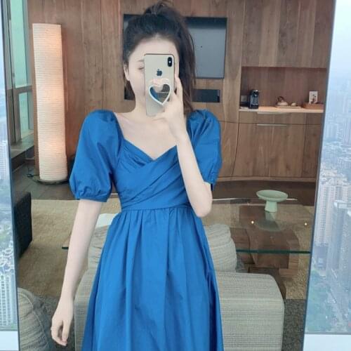 Summer Autumn French Style Dress Womens Waist Slimming Square Collar Midi Dresses Bubble Short Sleeve Gentle Wind Dress Women
