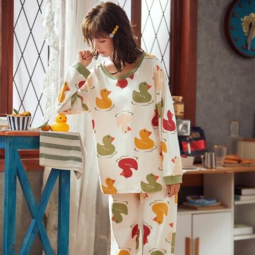 Spring And Autumn Women Lovely Cartoon Thin Long-sleeved Pajamas Household Loose Sleepwear Set