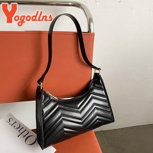 Yogodlns Vintage Embroidery Thread Baguette Bag Women PU Leather Shoulder Bag Fashion Rhombus Armpit Handbag Designer Pouch sac