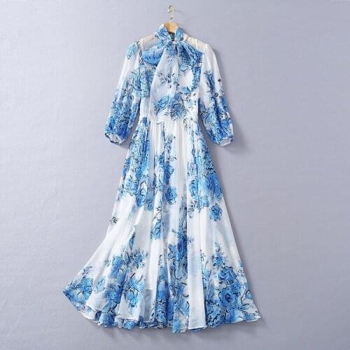 European and American womens clothing 2021 New Style for Spring Three-quarter sleeve bow collar blue print Fashion dress