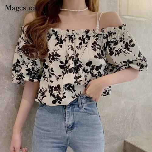 Vintage 2021 Summer Women Print Shirt Floral Lantern Sleeve Off Shoulder Tops for Women Sexy Slash Neck Short Tops Blusas 14912