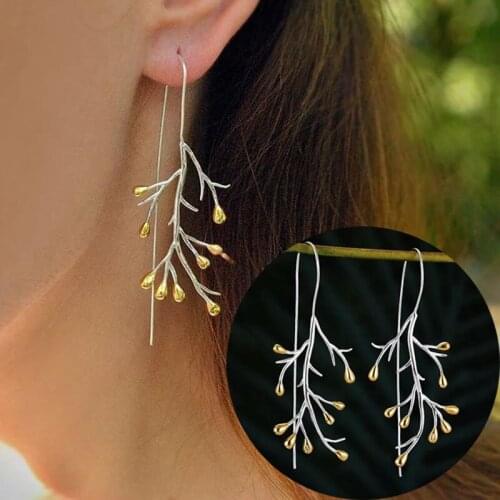 Womens Elegant Tree Branch Hanging Earrings Gold Silver Color Minimalist Plant Willow Fruit Seed Antler Crawler Climber Earrings