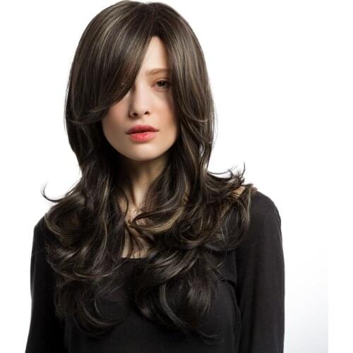 Ladies Long Wig Soft Waved Curls Brown with Blonde Highlights Fashion Wigs Closure Wig Human Hair Frontal Knots Wigs