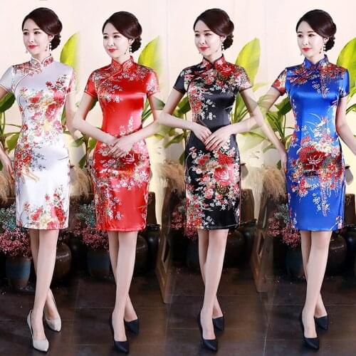 Plus Size 6XL Flower Women Short Slim Cheongsam Sexy High Split Chinese Traditional Dress Rayon Qipao Vestidos Robe Formal Gowns