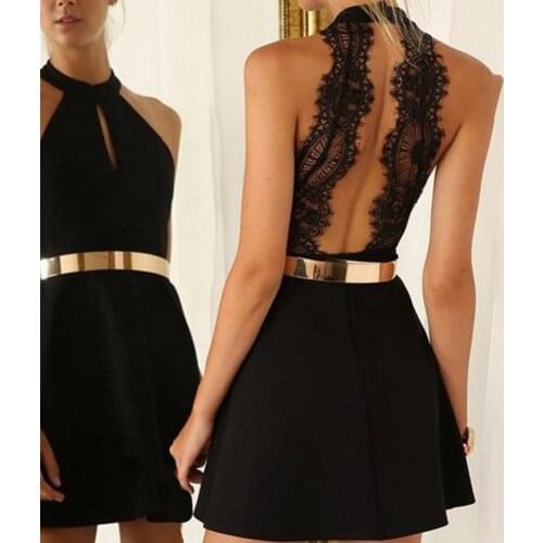 2021 Summer Women Dress O-neck Halter Sleeveless Sexy Backless Lace Mini Dresses A-Line Hollow-Out Plus Size Dinner Party