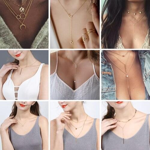 Simple Fashion Chain Necklace Bohemian Multilayer Female Clavicle Star Moon Gold Color Chokers Pendant Necklace Women Jewelry