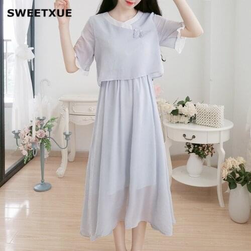 SWEETXUE Summer New Chinese Element Chiffon Long Embroidered Dress Womens Round Neck Short Sleeve Comfortable Elegant Dresses