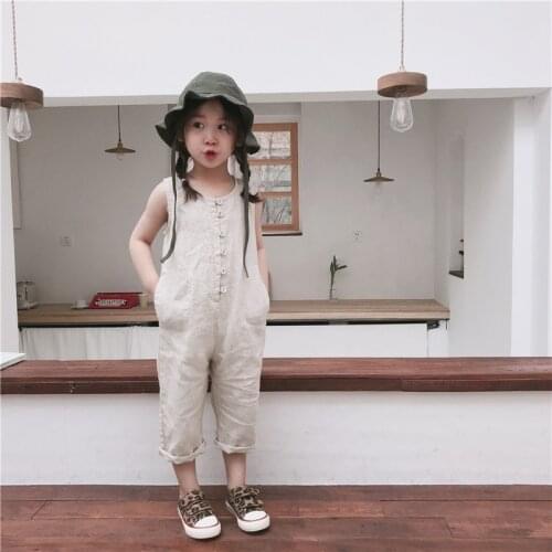 2021 Summer New Unisex Kids Overalls Korean Style Linen Sleeveless Baby Boys Girls Jumpsuits Children Clothes Casual Trousers
