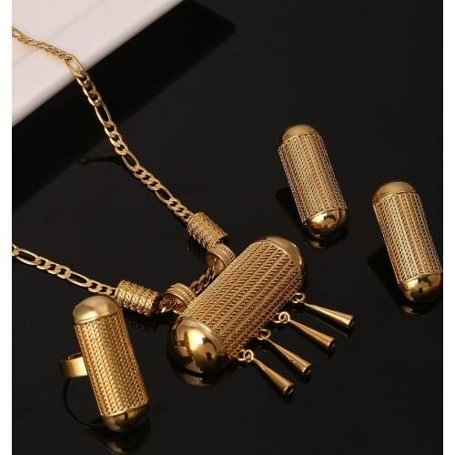 Ethiopian Trendy Pendant Necklace Earrings Ring Gold Color African Eritrea Habesha Wedding Jewelry Sets