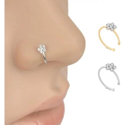 FEECOLOR Small Thin 5 Clear Crystals Flower Charm Nose Hoop Stud Ring Jewelry