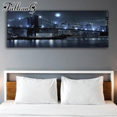 FULLCANG Bridge night city landscape diy 5d full square round diamond embroidery sale large mosaic painting decoration FC2905