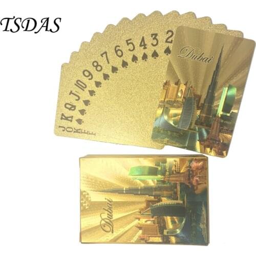 Hot Sale Waterproof Plastic Playing Card 8.8*5.7CM Golden Poker Cards 24K Gold Foil Plated with Dubai Building Colored Cards
