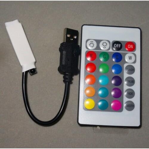 Mini USB RGB IR controller with 24key IR remote;DC5V input;4A*3CH output;with USB plug at the input end