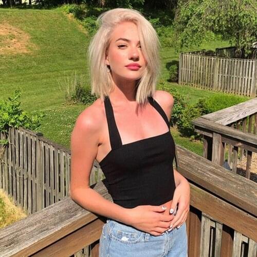 Kili Womens New Lace Straps Halter Halter Slim Navel Bottoming Vest Black