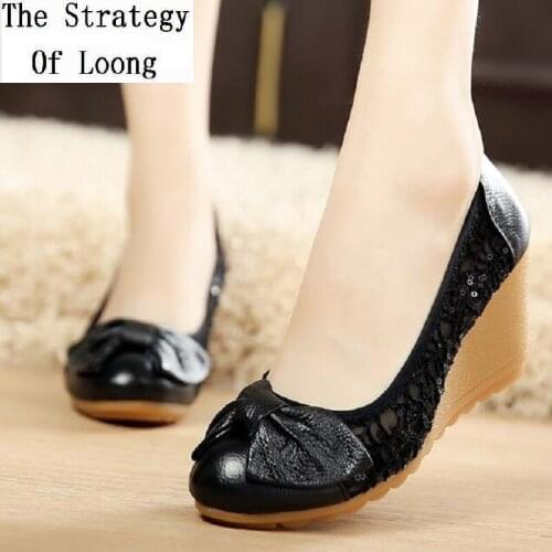 Summer Wedges Heels Net Hollow Shallow Bowknot Slip-On Women Sandals Cover Heel Lady Real Genuine Leather Shoes 20190412