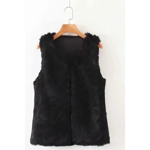 Merodi Autumn Women Elegant Faux Fur Black Outwear Female Vogue Sleeveless V-neck Hairy Covered Button Jackets Vest Chic