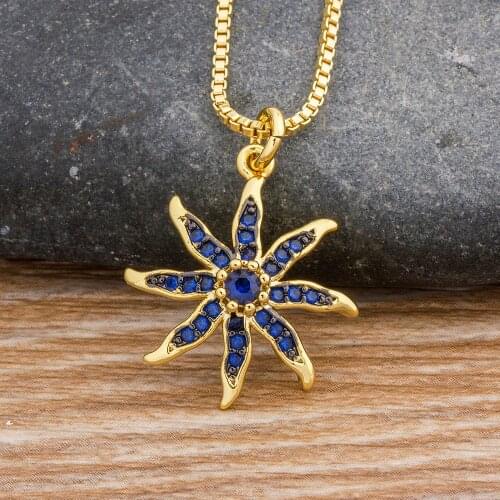 Fashion Blue Flower Design Crystal CZ Necklace Pendant Gold Color Charm Chain Choker Necklace For Women Engagement Wedding Party